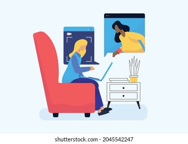 young woman sitting on sofa with laptop. online video call conference with friends or colleagues. vector illustration for training, webinar, education. Work from home concept flat design