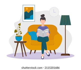Young woman sitting on the sofa, holding and reading a book, interior of a cozy room with plant, a picture on the wall, table, clock, and lamp. Flat vector.