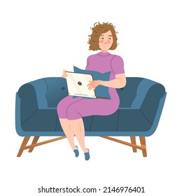 Young woman sitting on sofa with laptop computer. Woman using modern device at home cartoon vector illustration