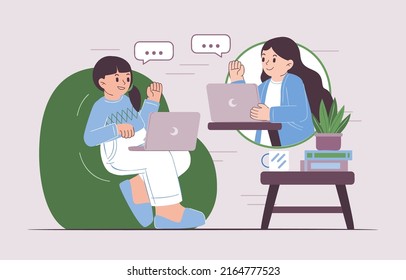 Young Woman Sitting On Sofa At Home And Use Laptop Computer Chatting With Her Girl Friend In Cartoon Style, Vector Illustration