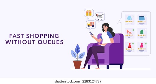 Young woman sitting on the sofa and ordering products to avoid queues, concept of online fast shopping without queues, perfect for web design, banner, mobile app, landing page