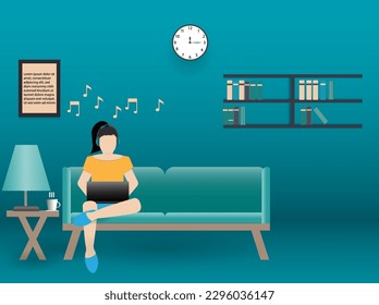 young woman sitting on sofa in living room at home using laptop computer working while listening to music with melody song icon above, paper cut design vector illustration, Business technology  Concep