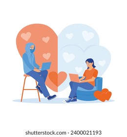 A young woman sitting on a sofa inside the house. Online dating with a fake boyfriend. Internet fraud concept. Online Dating concept. Trend Modern vector flat illustration