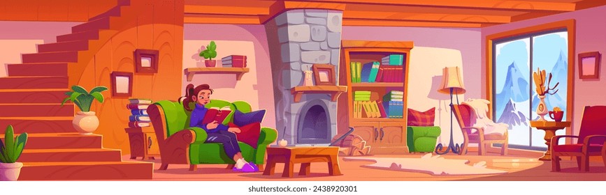 Junge Frau sitzt auf Sofa und liest Buch in gemütlichen Winter-Chalet oder Wohnzimmer mit Kamin, Treppe und Holzmöbel, Berge mit Schneegipfeln vor Fenster. Cartoon Kabine Interieur.