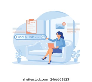 Young woman sitting on the sofa. Search for job vacancies on a laptop and send a CV online. Job Search concept. Flat vector illustration.