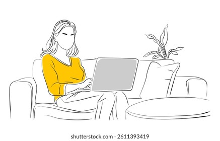Young woman sitting on sofa, using laptop. Work from home, remote education, freelance concept. Hand drawn sketch style vector illustration isolated on white background