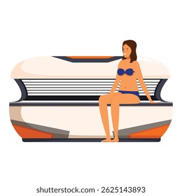 Young woman is sitting on solarium, preparing for procedure in beauty salon, body skin care