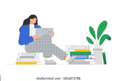 Young woman is sitting on a stack of books and reading a book, next to a flower. Concepts of education and knowledge, book day. Trendy flat vector illustration.