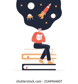 Young woman is sitting on stack of books. Girl reading book with universe starry night in hair. Flat vector illustration isolated on white background.