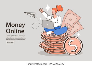 Young woman sitting on stack of cash dollars. Finance and investment concept. businessman earning money. Savings, storage, Carry investments. business growth vector outline illustration design.