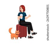 Young woman sitting on suitcase with cat showing thumbs up. Flat design, cartoon style. Vector illustration isolated on white. Traveling with pets concept.