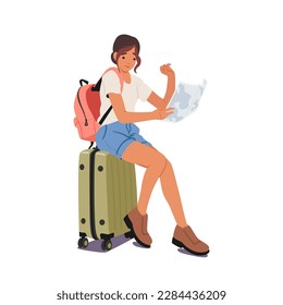 Young Woman Sitting On Suitcase Holding A Map With A Pensive Expression Planning Her Next Adventure. Image Ideal For Travel-related Content, Blog, Or Advertising Materials. Cartoon Vector Illustration