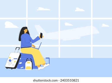 Young woman sitting on the suitcase at the airport and working with laptop and phone waiting for a flight. Business trip abroad. Vector illustration.