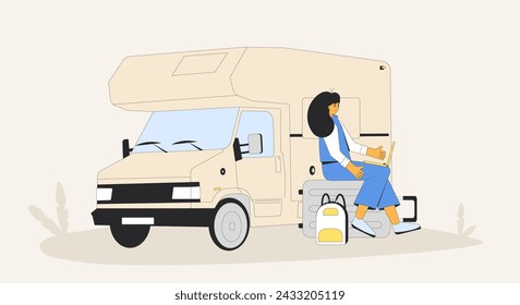 Young woman sitting on suitcase and working with her laptop near caravan. Digital nomad lifestyle with camper trailer. Road trip vacation. Summer holiday journey. Vector flat illustration.