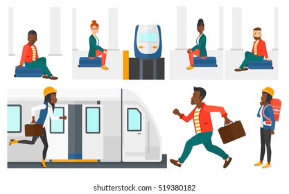 Young woman sitting on a suitcase at the train station. Man waiting for a train at the railway platform. Man traveling by train. Set of vector flat design illustrations isolated on white background.