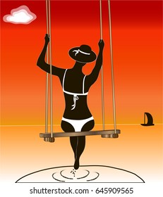 Young woman sitting on a swing at sunset on the sea. EPS 10 vector.