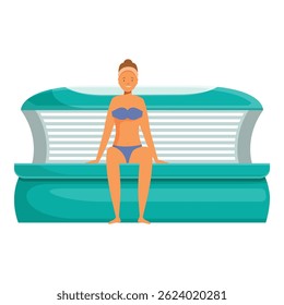 Young woman sitting on a tanning bed is taking a sunbath