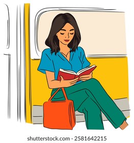 Young woman is sitting on a train reading a book. She is wearing a blue shirt and green pants. A red bag is next to her. Sketch style vector illustration