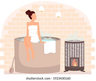 Young Woman Sitting On Tub. Bathhouse Or Banya At Home Interior Design. Girl On Barrel Wrapped In Towel Is Resting In Sauna. Female Character In Hot Steam. Container With Water Heated By Fire Device