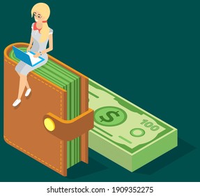 Young woman sitting on wallet with currency. Savings, storage, Carry investments. Female worker with laptop sitting on top of brown purse, girl working on computer, business-woman earning money