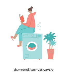 Young woman sitting on the washing machine and reading a book while waiting at the end of the wash cycle. Housewife doing routine. Vector Flat hand drawn illustration.
