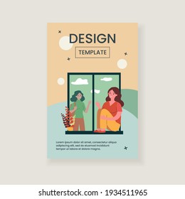 Young woman sitting on window and waving to friend. Home, girl, smiling flat vector illustration. Communication and relationship concept for banner, website design or landing web page