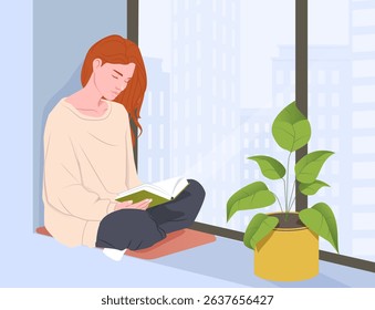 Young woman sitting on a window seat reading a book beside a potted plant, flat graphic style, cityscape background, concept of relaxation and mindfulness. Vector illustration