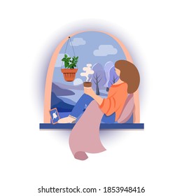 Young woman sitting on windowsill with cup of coffee, thinking and spending time without phone. Winter landscape. Vector illustration