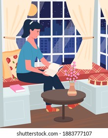 Young woman sitting on windowsill at home, relaxing reading favorite book near window with cityscape night view. Female character rest in cozy interior vector illustration. Spend time at home