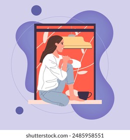 Young woman sitting on windowsill and drinking coffee vector illustration. Open window of modern apartment with designer lamp. Interior, daily routine, house concept