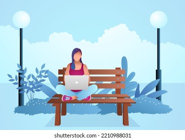 Young woman sitting on wooden bench in the park while working with laptop, vector illustration