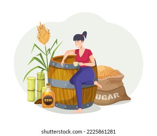 Young woman sitting on wooden barrel for rum. Oak cask with iron rings, fresh raw sugar cane and sack of sugar. Rum production and tasting concept cartoon vector