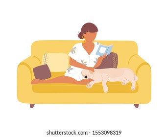 Young woman sitting on yellow sofa, reading book and petting her dog. Flat modern trendy style.Vector illustration character icon. Isolated on white background.