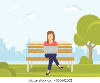 Young woman sitting in the park on the bench and working with laptop. Flat modern illustration of social networking and texting to friends