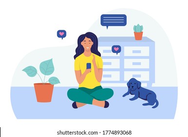 A young woman is sitting with a phone on the floor. The concept of online communication, Internet addiction, daily life, everyday leisure and work activities. Flat cartoon vector illustration.