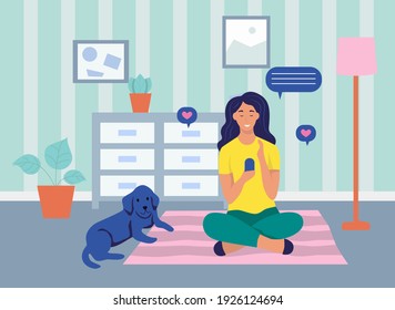 A young woman is sitting with a phone on the floor. The concept of online communication, Internet addiction, daily life, everyday leisure and work activities. Flat cartoon vector illustration.