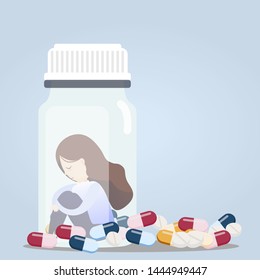Young woman sitting in pill bottles with a lot of pill his depressed from taking medicine. vector, illustration
