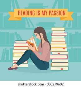 Young woman sitting read his favorite book . Education and school, study and literature. Flat young woman sitting in the library and reading a book. Vector illustration. 