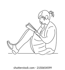 Young woman sitting and reading a book in minimal cartoon style