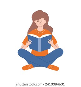 A young woman is sitting and reading a book with pleasure and interest. the girl keeps her diary or takes notes. The concept of mental health. Vector illustration