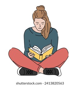 Young woman sitting and reading a book. Hand drawn vector illustration