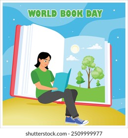 Young woman sitting and reading a book. ledger background. World Book Day concept. Flat vector illustration.