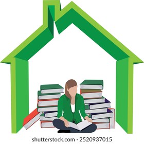 Young woman is sitting and reading a book surrounded by a stack of books, inside a green house shape made of arrows