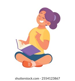 Young Woman Sitting and Reading Book Vector Illustration