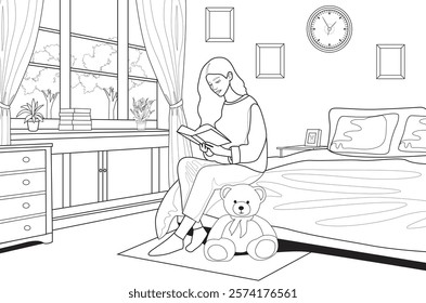 young woman sitting and reading book in bedroom vector design