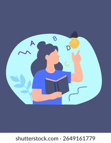 Uma jovem mulher sentada lendo um livro com uma expressão pacífica. Ilustração de design plano, perfeito para educação, estilo de vida, hábitos de leitura e conceitos de relaxamento.
