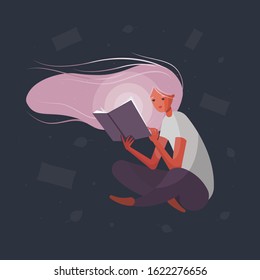 Young woman sitting reading fantasy book with magic light sparkles and stars. Mystery open book with shining pages. Harmony and relax. Flat vector illustration