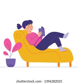 young woman sitting and reading on a couch, young woman enjoy her time to read a book at home