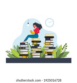 Young woman sitting and reading on a huge stack of books. Cartoon flat vector illustration isolated on white background. Student reading book and learning. Girl's pastime, leisure or hobby.