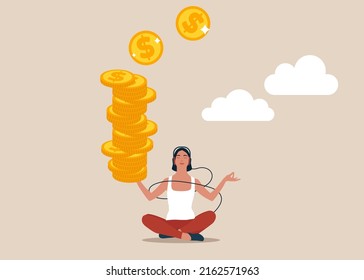 Young woman sitting relax getting stack of money coins in her hand. Passive income getting money while doing nothing, financial independence retire early, being wealthy by passive investing concept.